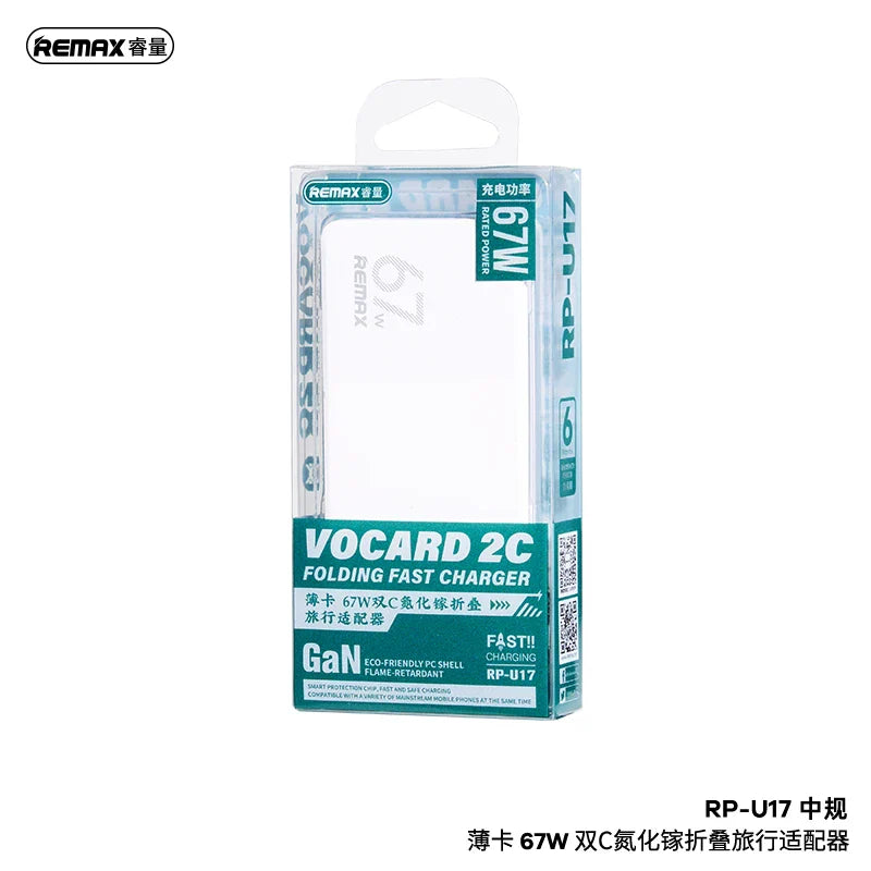 Remax Vocard Series RP-U17 67W Fast Charging Adapter 2 Type C Ports Phone and Laptop Charging