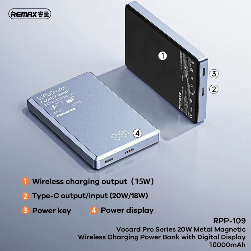 REMAX RPP-109 20W Metal Magnetic Wireless Charging Power Bank with Digital Display 10000mAh Portable Power Banks