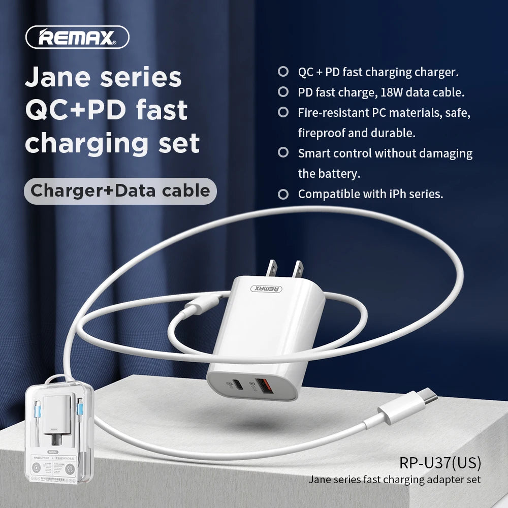 Remax Join EU/CN/UK Charger Usb c Qc3.0 18w Fast Charger PD Fast Charging Adapter RP-U37