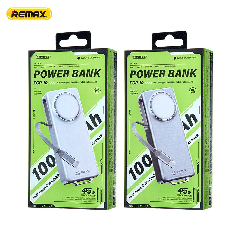 REMAX FCP-10 10000mAh Power Bank 45W Fast Charge Telescopic Cable Ultra-Portable & Smart Digital Display Power Banks