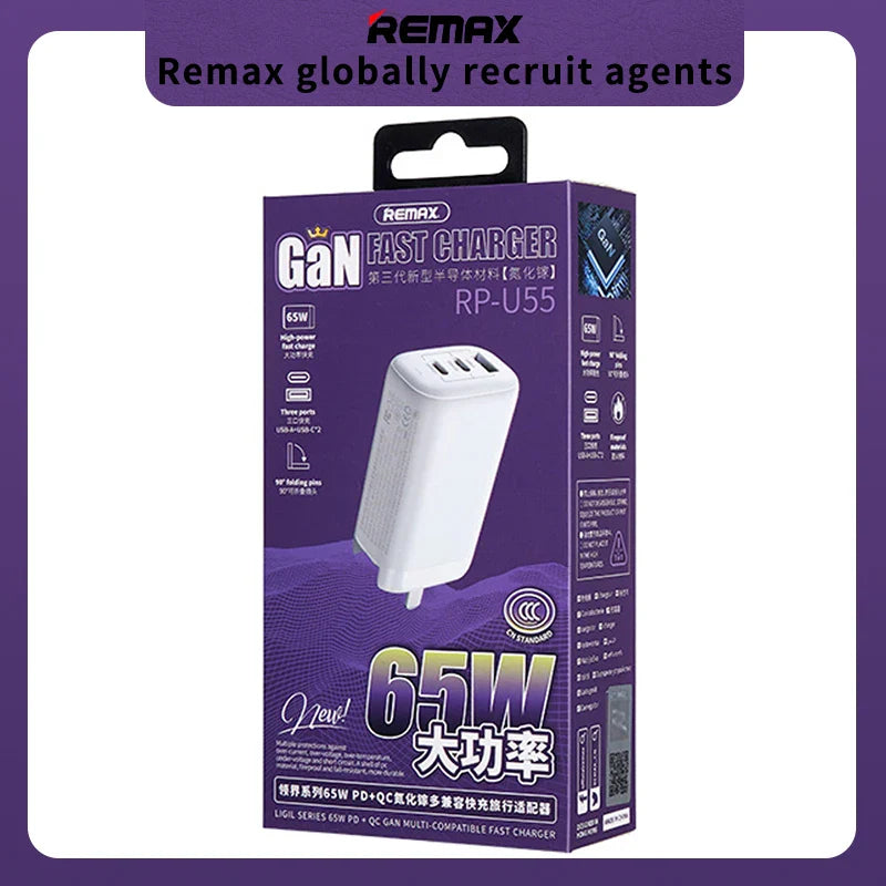 Remax RP-U55 New Fast Charge Gan 65W Wall Fast Type C Gallium Nitride Charger